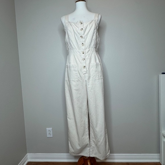 THE GOOD JANE Overalls Jumpsuit LG‎ Cream Linen Cotton Blend Fully Lined Cropped - Picture 1 of 12